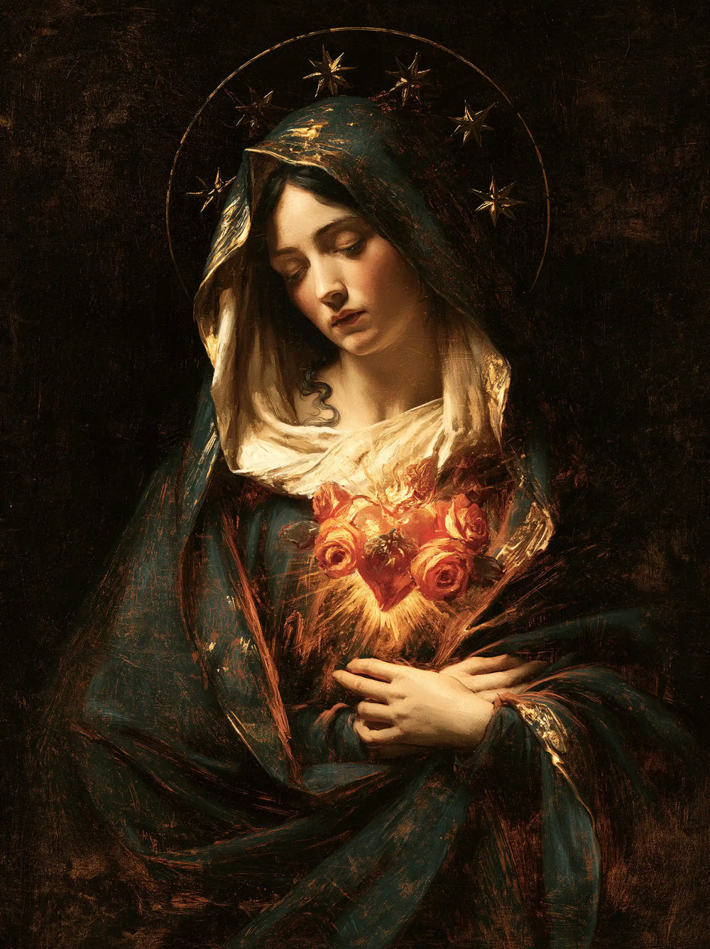 the Immaculate Heart of Mary in black and gold in Black and Gold style, portrait Christian artwork no. 18