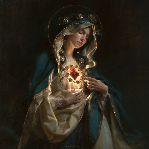 the Immaculate Heart of Mary in black and gold in Black and Gold style, square Christian artwork no. 1