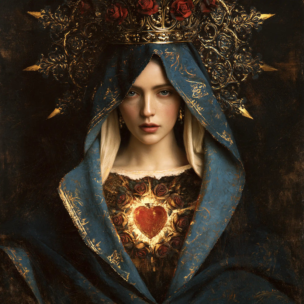 the Immaculate Heart of Mary in black and gold in Black and Gold style, square Christian artwork no. 2
