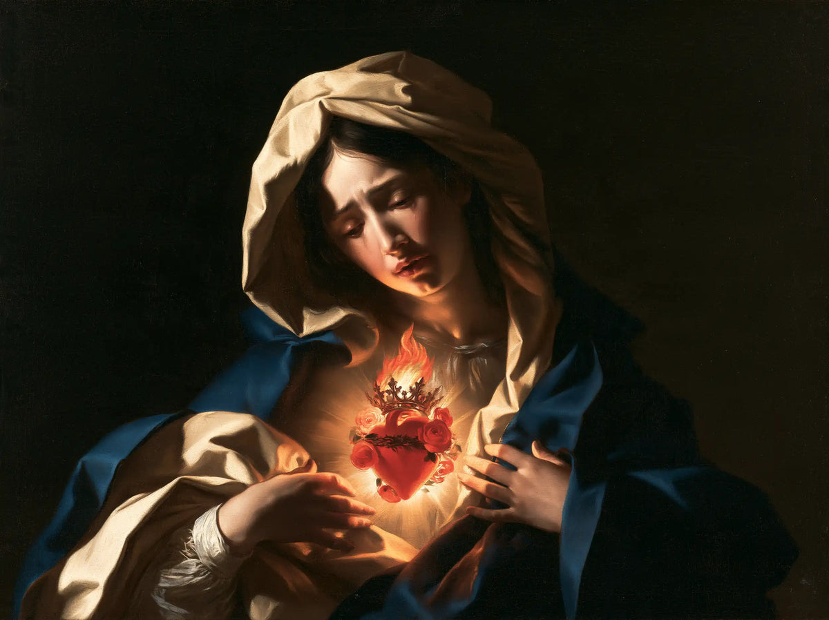 the Immaculate Heart of Mary in dramatic chiaroscuro in Caravaggio Tenebrism style, landscape Christian artwork no. 2
