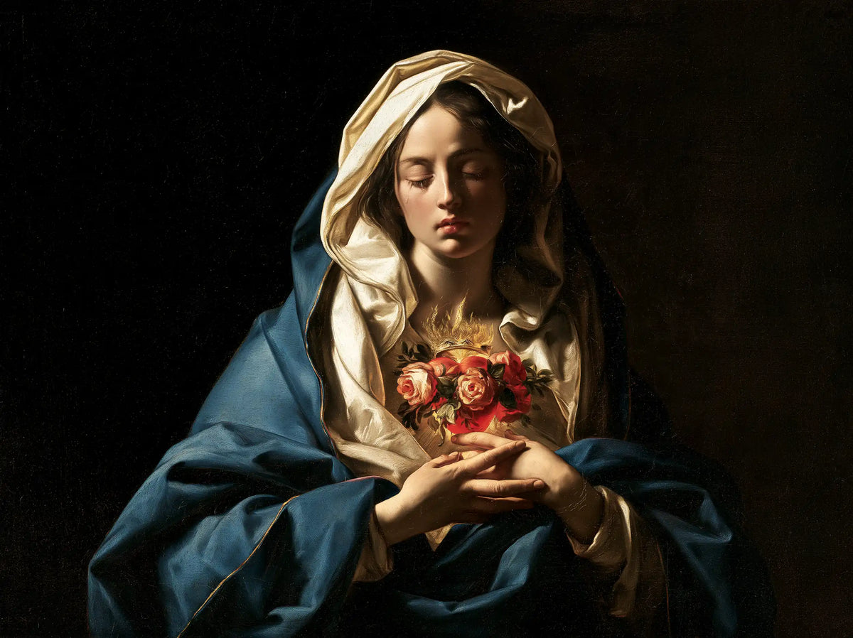 the Immaculate Heart of Mary in dramatic chiaroscuro in Caravaggio Tenebrism style, landscape Christian artwork no. 3