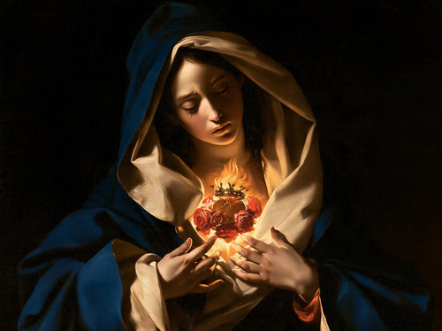 the Immaculate Heart of Mary in dramatic chiaroscuro in Caravaggio Tenebrism style, landscape Christian artwork no. 4