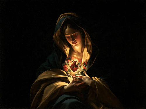the Immaculate Heart of Mary in dramatic chiaroscuro in Caravaggio Tenebrism style, landscape Christian artwork no. 6
