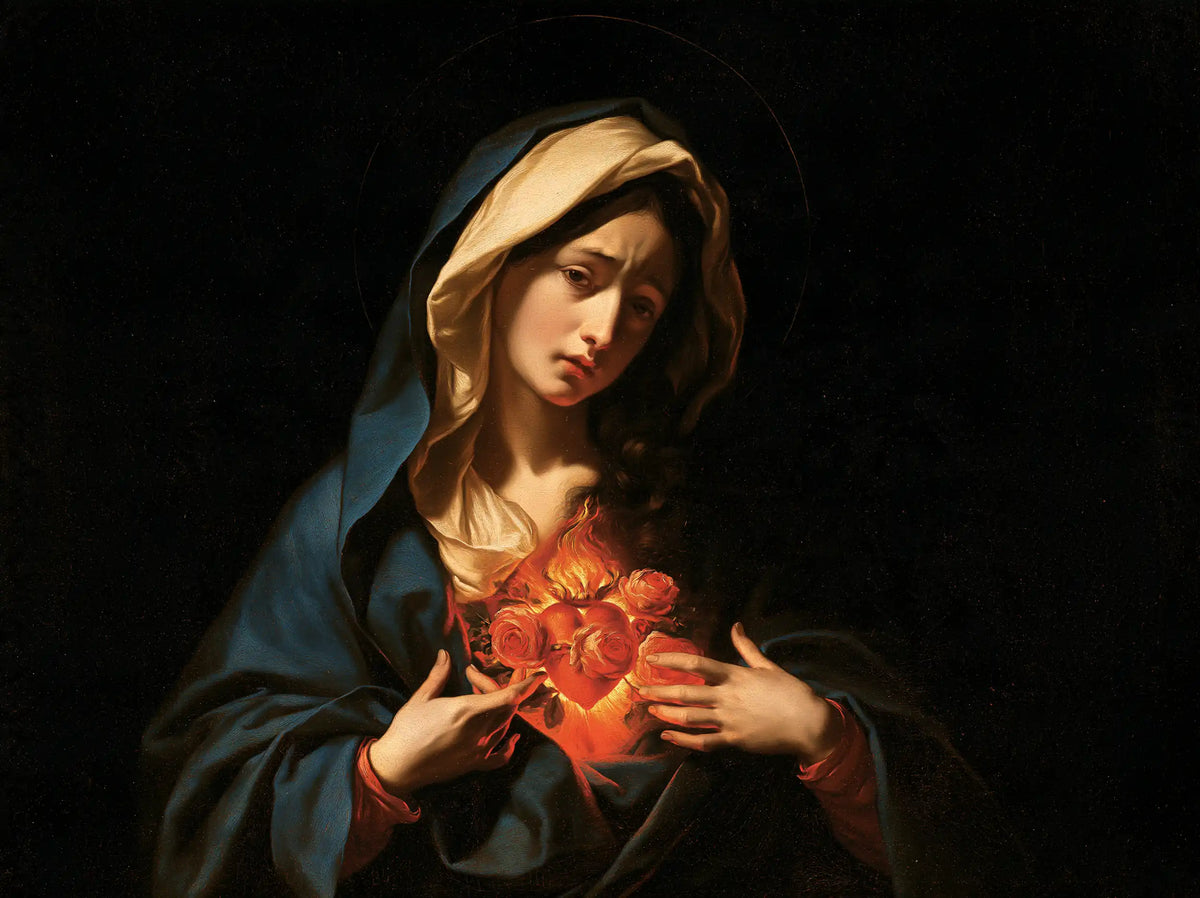 the Immaculate Heart of Mary in dramatic chiaroscuro in Caravaggio Tenebrism style, landscape Christian artwork no. 7