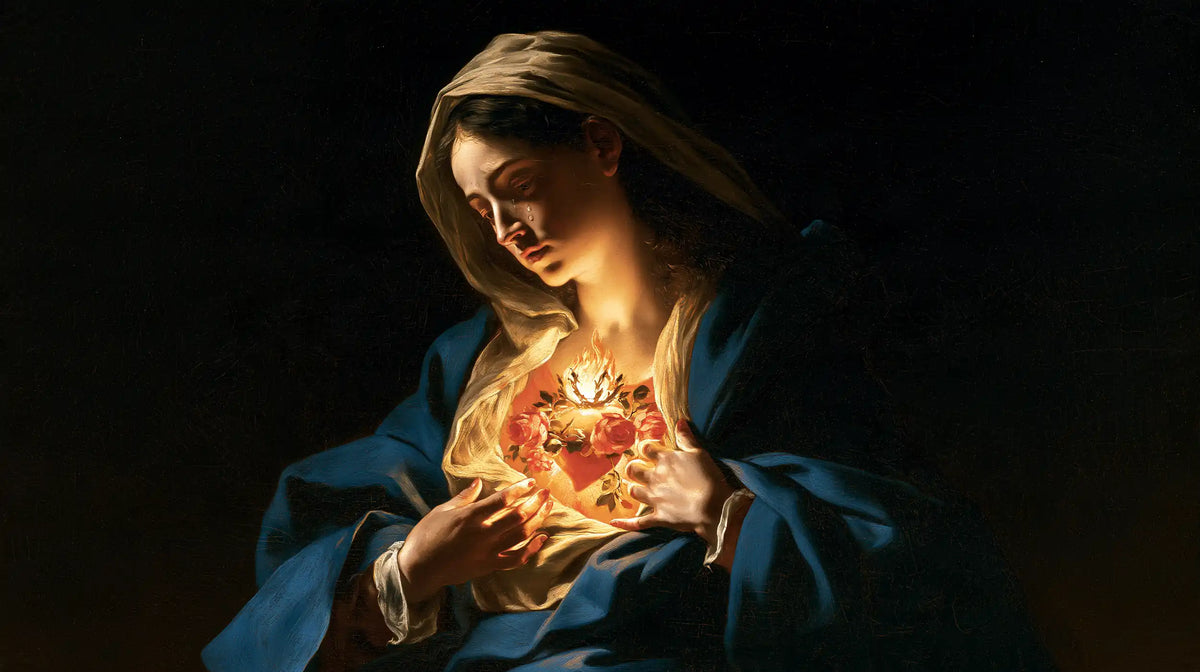 the Immaculate Heart of Mary in dramatic chiaroscuro in Caravaggio Tenebrism style, landscape Christian artwork no. 10