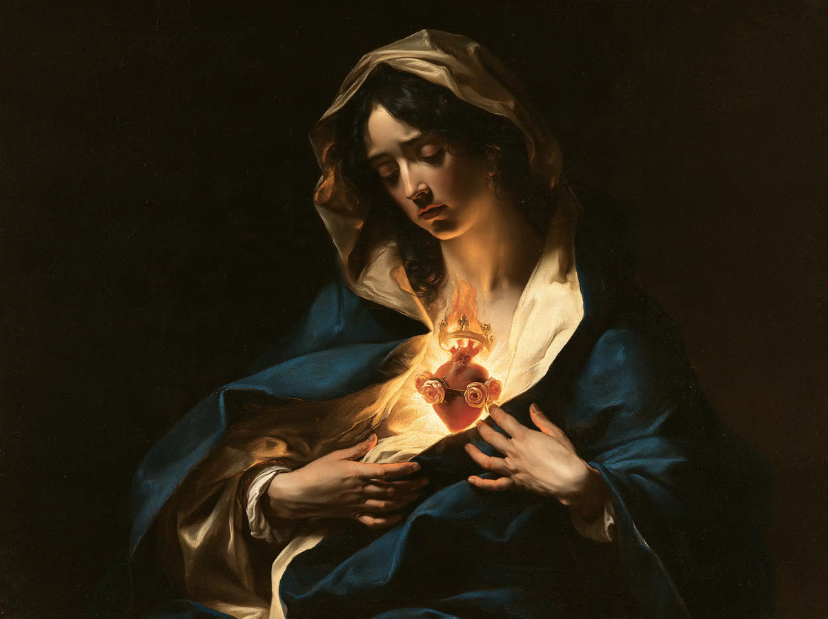 the Immaculate Heart of Mary in dramatic chiaroscuro in Caravaggio Tenebrism style, landscape Christian artwork no. 20
