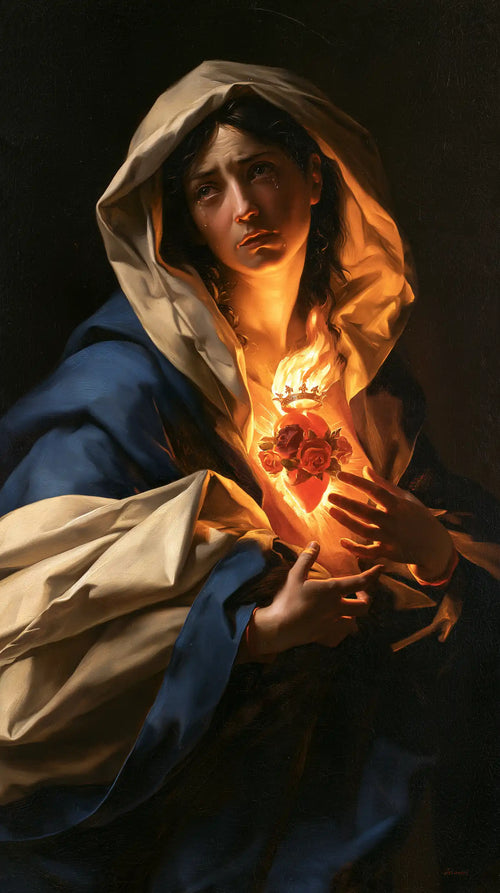 the Immaculate Heart of Mary in dramatic chiaroscuro in Caravaggio Tenebrism style, portrait Christian artwork no. 4