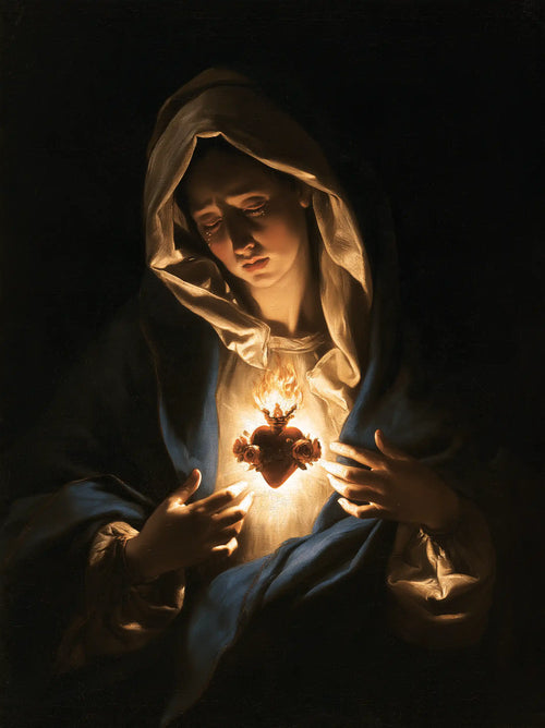 the Immaculate Heart of Mary in dramatic chiaroscuro in Caravaggio Tenebrism style, portrait Christian artwork no. 13