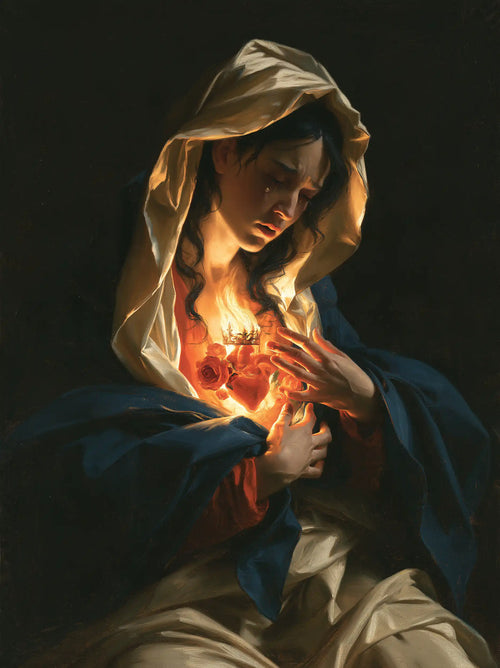 the Immaculate Heart of Mary in dramatic chiaroscuro in Caravaggio Tenebrism style, portrait Christian artwork no. 16