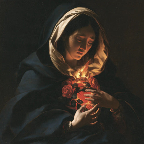 the Immaculate Heart of Mary in dramatic chiaroscuro in Caravaggio Tenebrism style, square Christian artwork no. 3