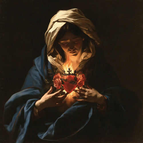 the Immaculate Heart of Mary in dramatic chiaroscuro in Caravaggio Tenebrism style, square Christian artwork no. 5
