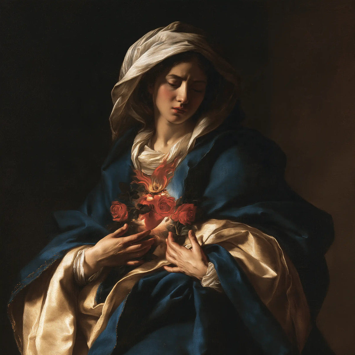 the Immaculate Heart of Mary in dramatic chiaroscuro in Caravaggio Tenebrism style, square Christian artwork no. 8