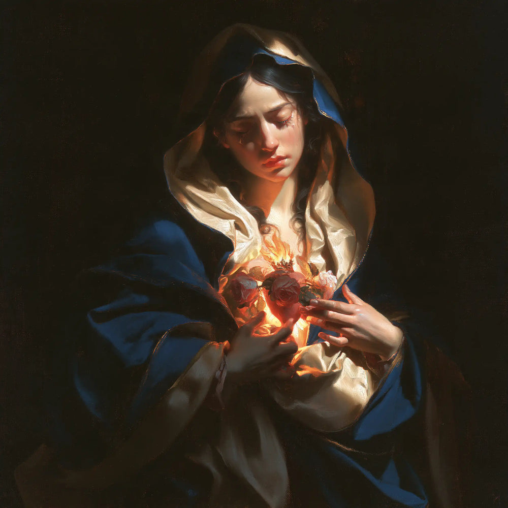 the Immaculate Heart of Mary in dramatic chiaroscuro in Caravaggio Tenebrism style, square Christian artwork no. 11