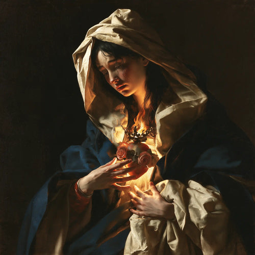 the Immaculate Heart of Mary in dramatic chiaroscuro in Caravaggio Tenebrism style, square Christian artwork no. 12