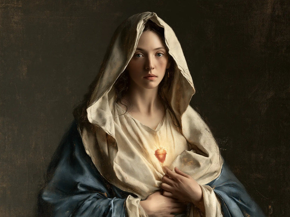the Immaculate Heart of Mary in a minimalist composition in Contemporary Minimalism style, landscape Christian artwork no. 1