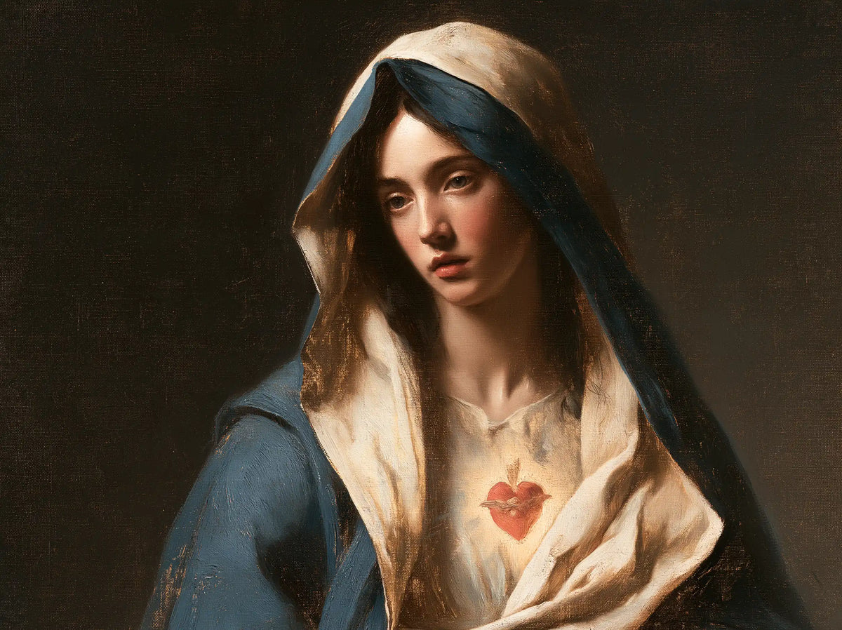 the Immaculate Heart of Mary in a minimalist composition in Contemporary Minimalism style, landscape Christian artwork no. 6