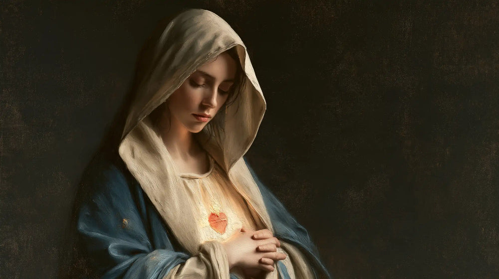 the Immaculate Heart of Mary in a minimalist composition in Contemporary Minimalism style, landscape Christian artwork no. 12