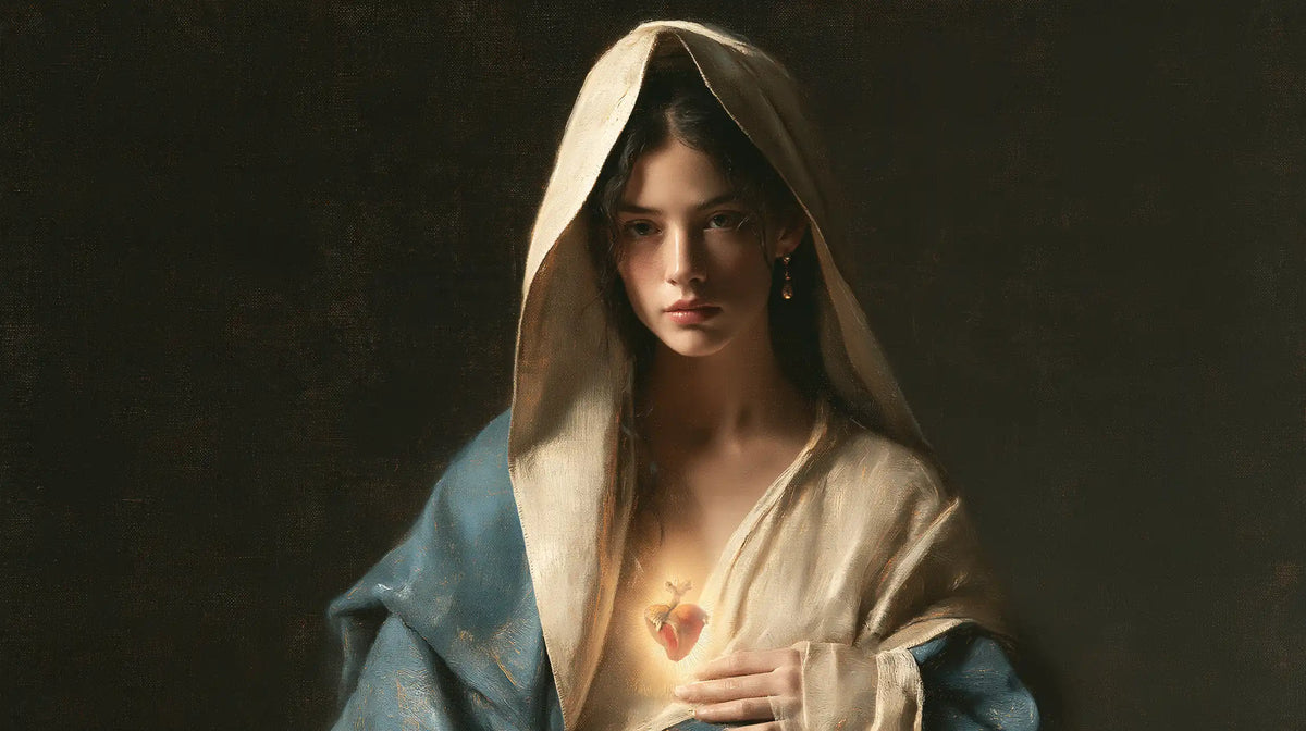 the Immaculate Heart of Mary in a minimalist composition in Contemporary Minimalism style, landscape Christian artwork no. 17