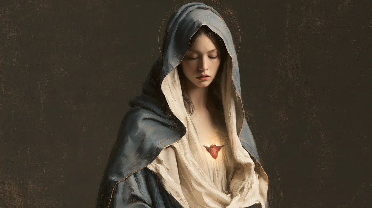 the Immaculate Heart of Mary in a minimalist composition in Contemporary Minimalism style, landscape Christian artwork no. 19
