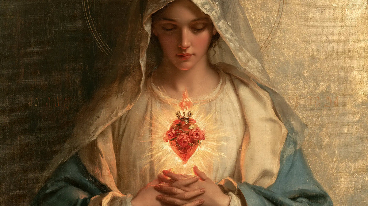 Mary with the Immaculate Heart as the central symbol in The Heart as Central Symbol style, landscape Christian artwork no. 19