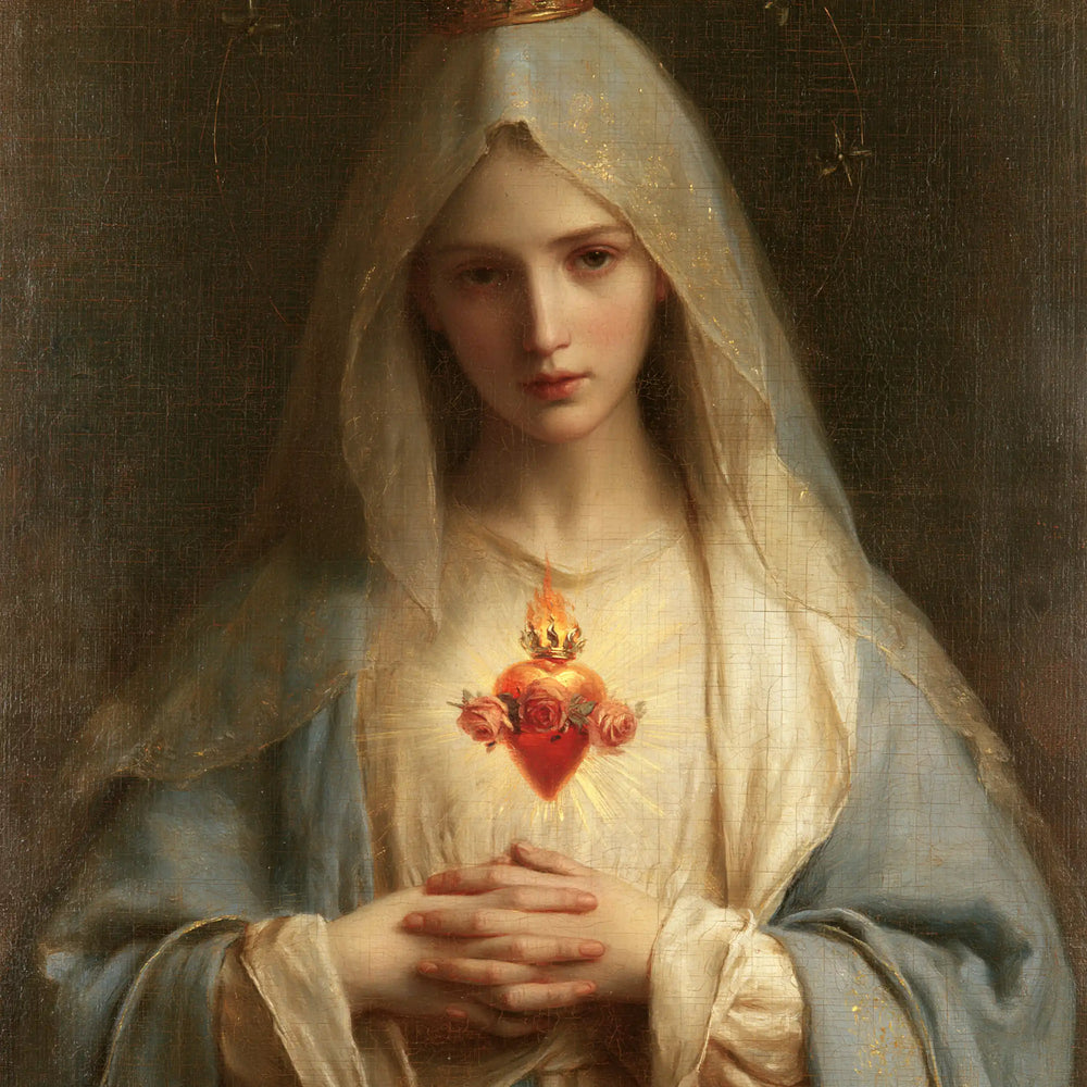 Mary with the Immaculate Heart as the central symbol in The Heart as Central Symbol style, square Christian artwork no. 3