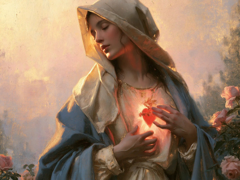 the Immaculate Heart of Mary at dawn in The Immaculate Heart at Dawn style, landscape Christian artwork no. 3