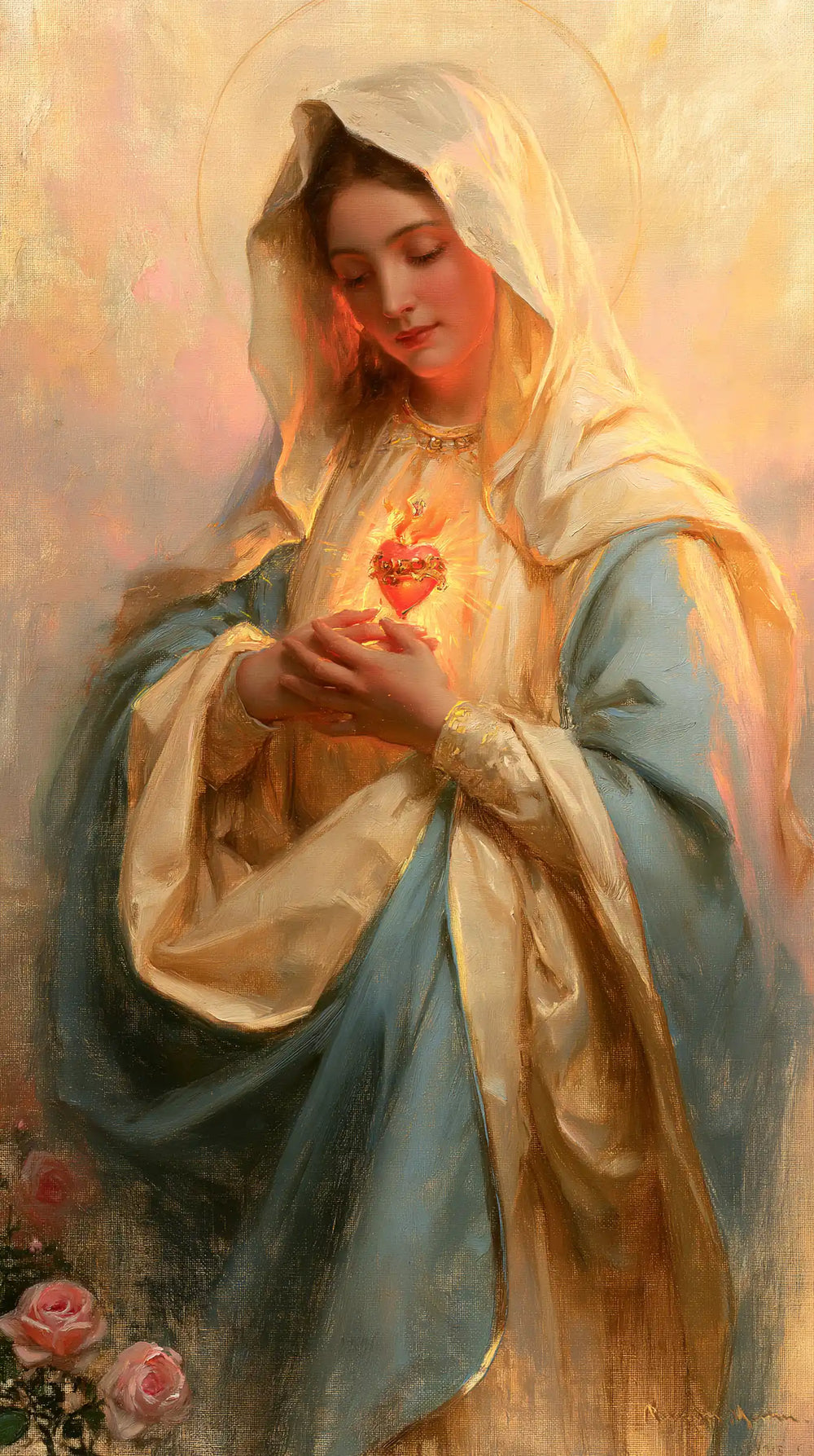the Immaculate Heart of Mary at dawn in The Immaculate Heart at Dawn style, portrait Christian artwork no. 2