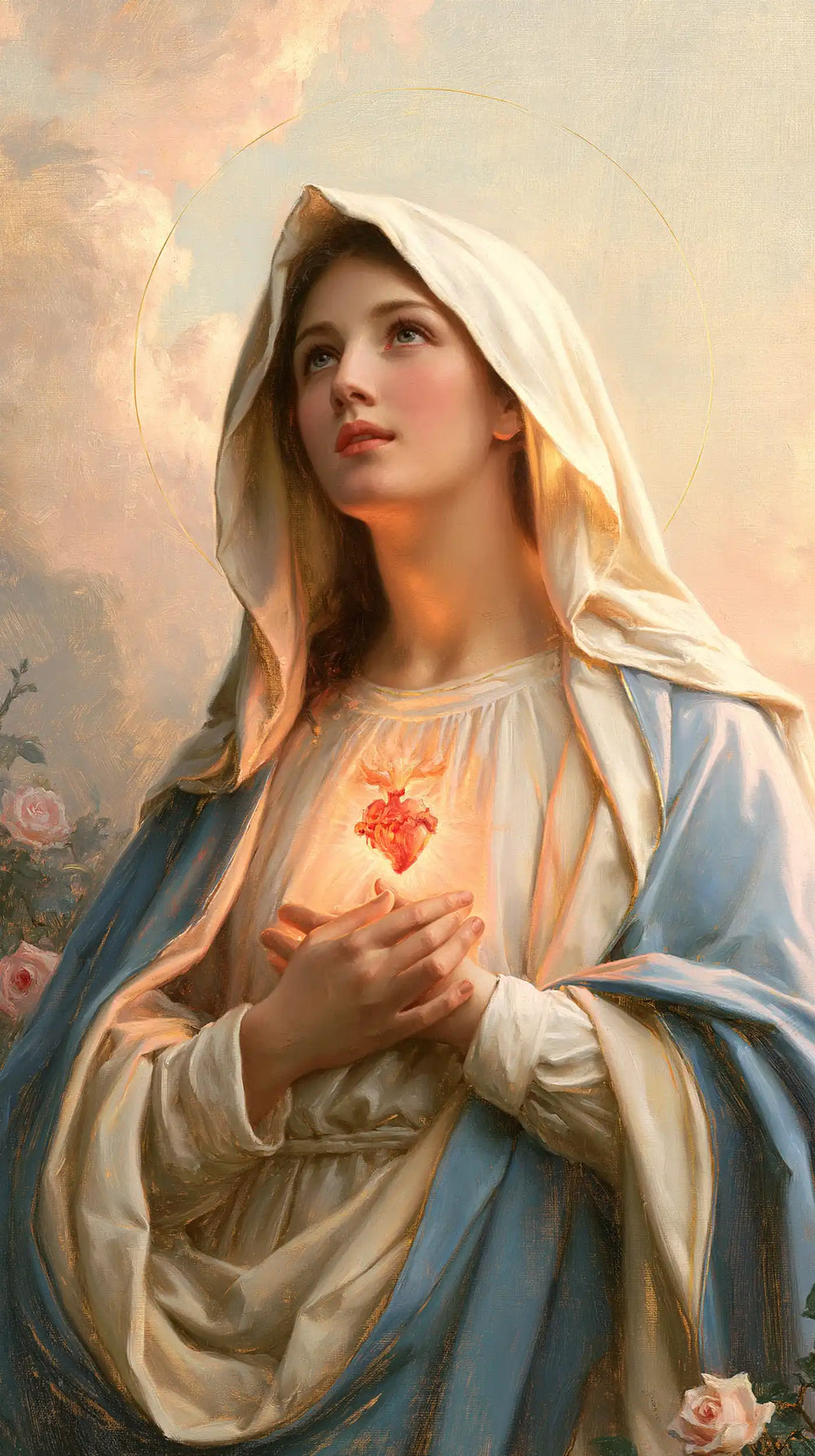 the Immaculate Heart of Mary at dawn in The Immaculate Heart at Dawn style, portrait Christian artwork no. 5