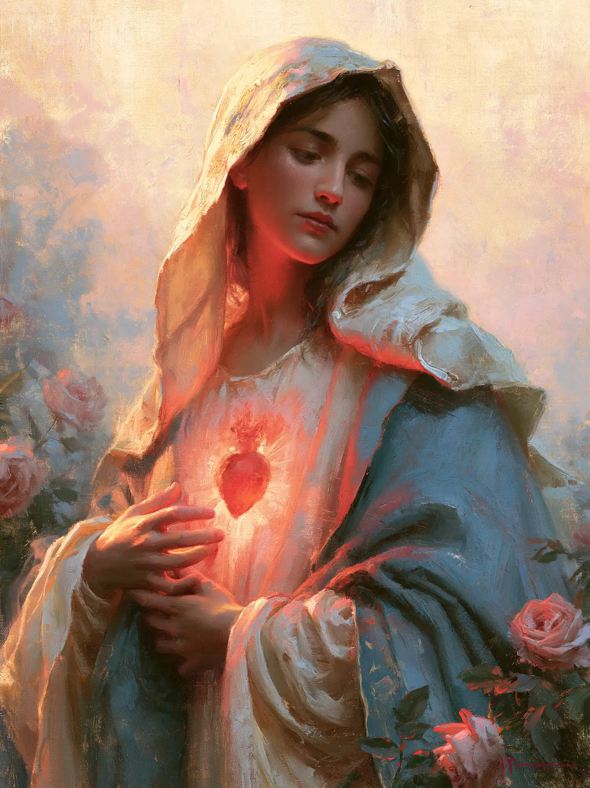 the Immaculate Heart of Mary at dawn in The Immaculate Heart at Dawn style, portrait Christian artwork no. 11