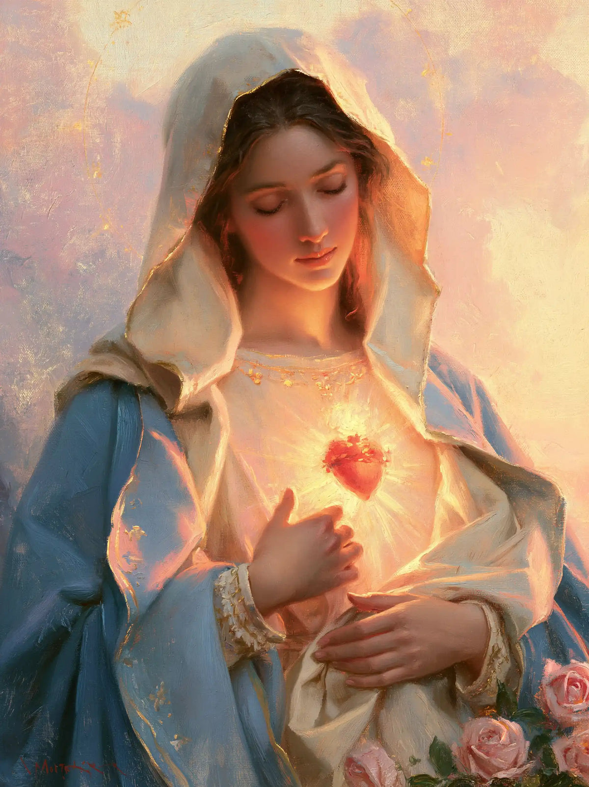 the Immaculate Heart of Mary at dawn in The Immaculate Heart at Dawn style, portrait Christian artwork no. 16