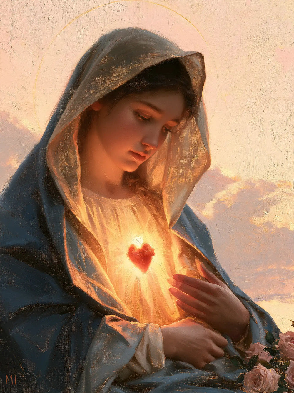 the Immaculate Heart of Mary at dawn in The Immaculate Heart at Dawn style, portrait Christian artwork no. 17