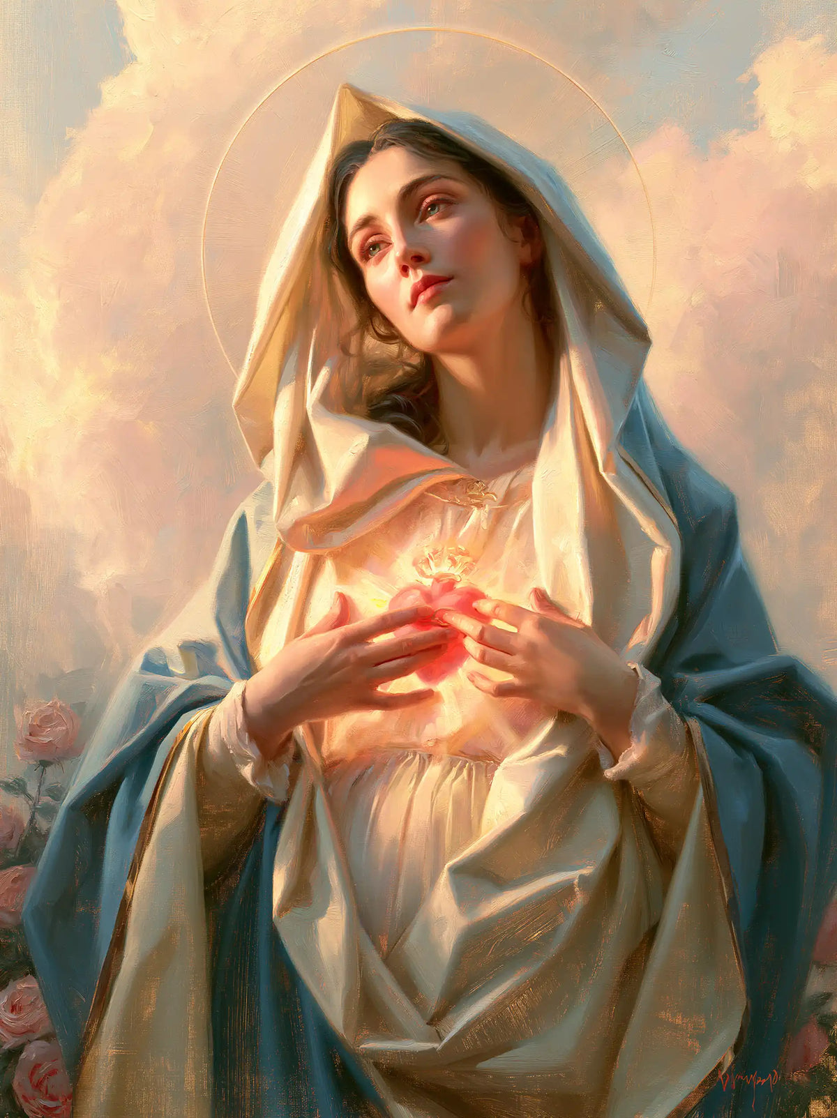 the Immaculate Heart of Mary at dawn in The Immaculate Heart at Dawn style, portrait Christian artwork no. 18