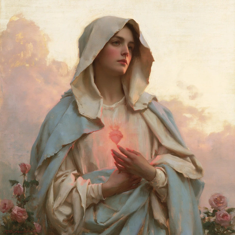 the Immaculate Heart of Mary at dawn in The Immaculate Heart at Dawn style, square Christian artwork no. 2