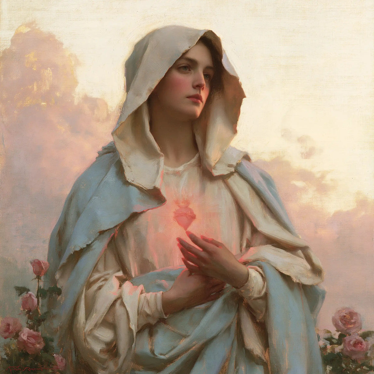 the Immaculate Heart of Mary at dawn in The Immaculate Heart at Dawn style, square Christian artwork no. 2