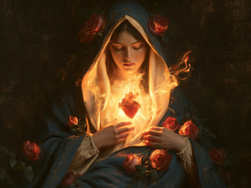 Mary and her Immaculate Heart surrounded by divine light in Mary as Divine Light style, landscape Christian artwork no. 2