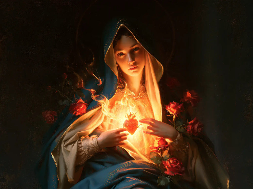 Mary and her Immaculate Heart surrounded by divine light in Mary as Divine Light style, landscape Christian artwork no. 3