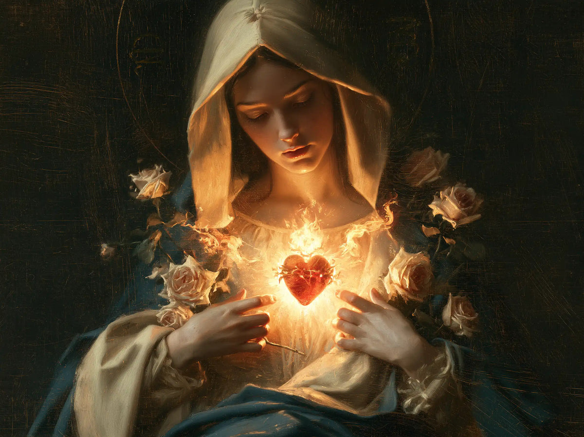 Mary and her Immaculate Heart surrounded by divine light in Mary as Divine Light style, landscape Christian artwork no. 4