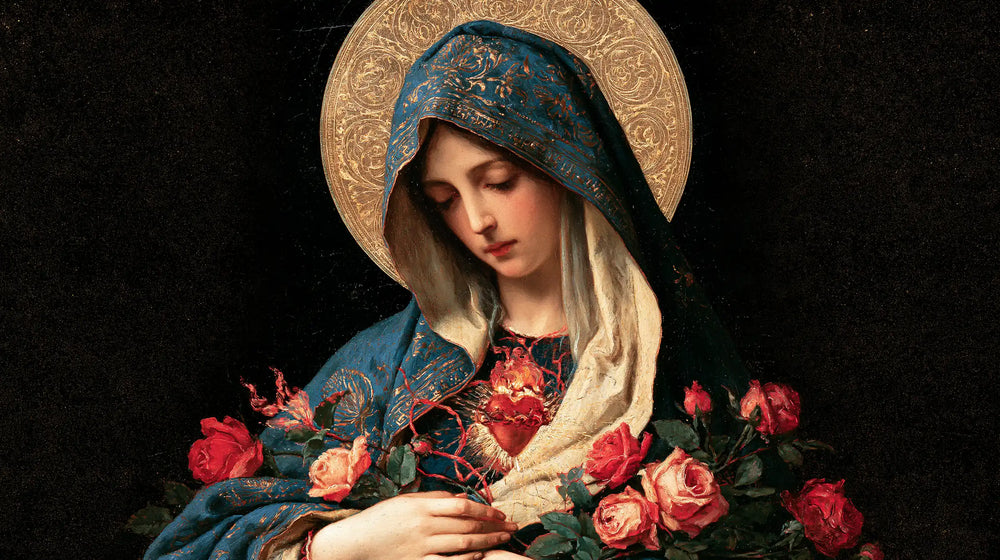 Mary and her Immaculate Heart surrounded by divine light in Mary as Divine Light style, landscape Christian artwork no. 7