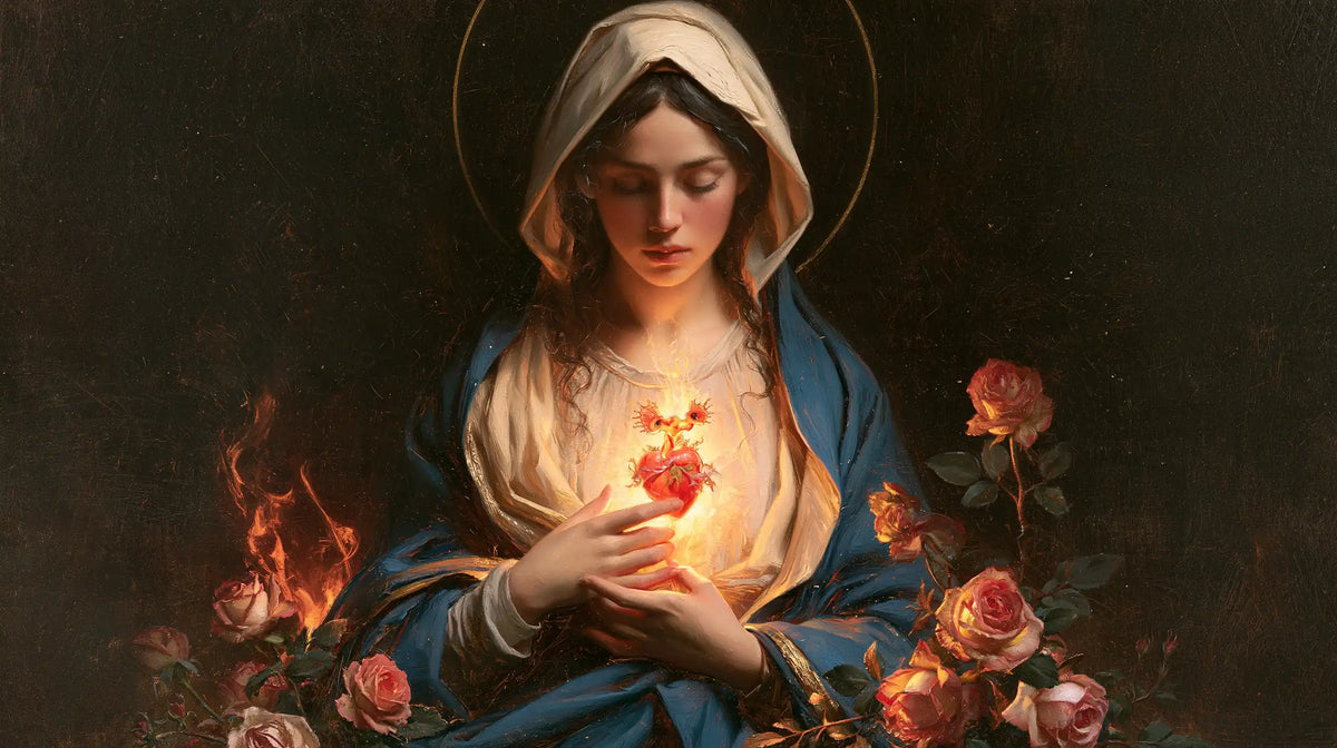 Mary and her Immaculate Heart surrounded by divine light in Mary as Divine Light style, landscape Christian artwork no. 8