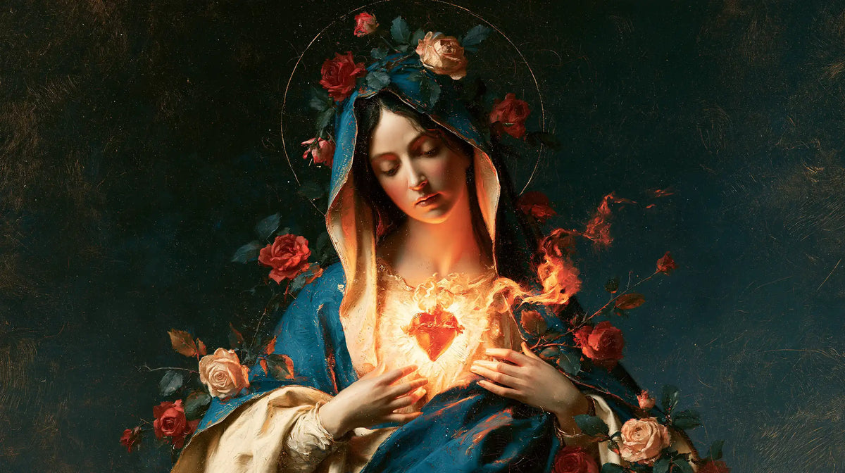 Mary and her Immaculate Heart surrounded by divine light in Mary as Divine Light style, landscape Christian artwork no. 9