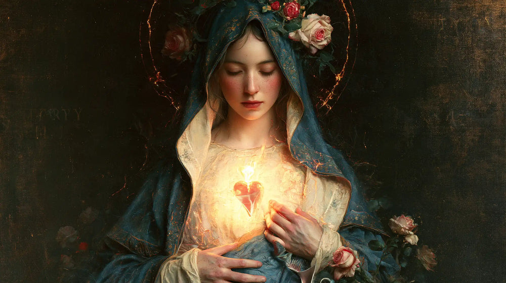 Mary and her Immaculate Heart surrounded by divine light in Mary as Divine Light style, landscape Christian artwork no. 10