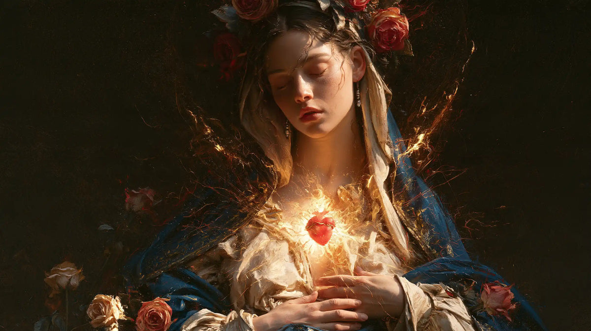Mary and her Immaculate Heart surrounded by divine light in Mary as Divine Light style, landscape Christian artwork no. 13