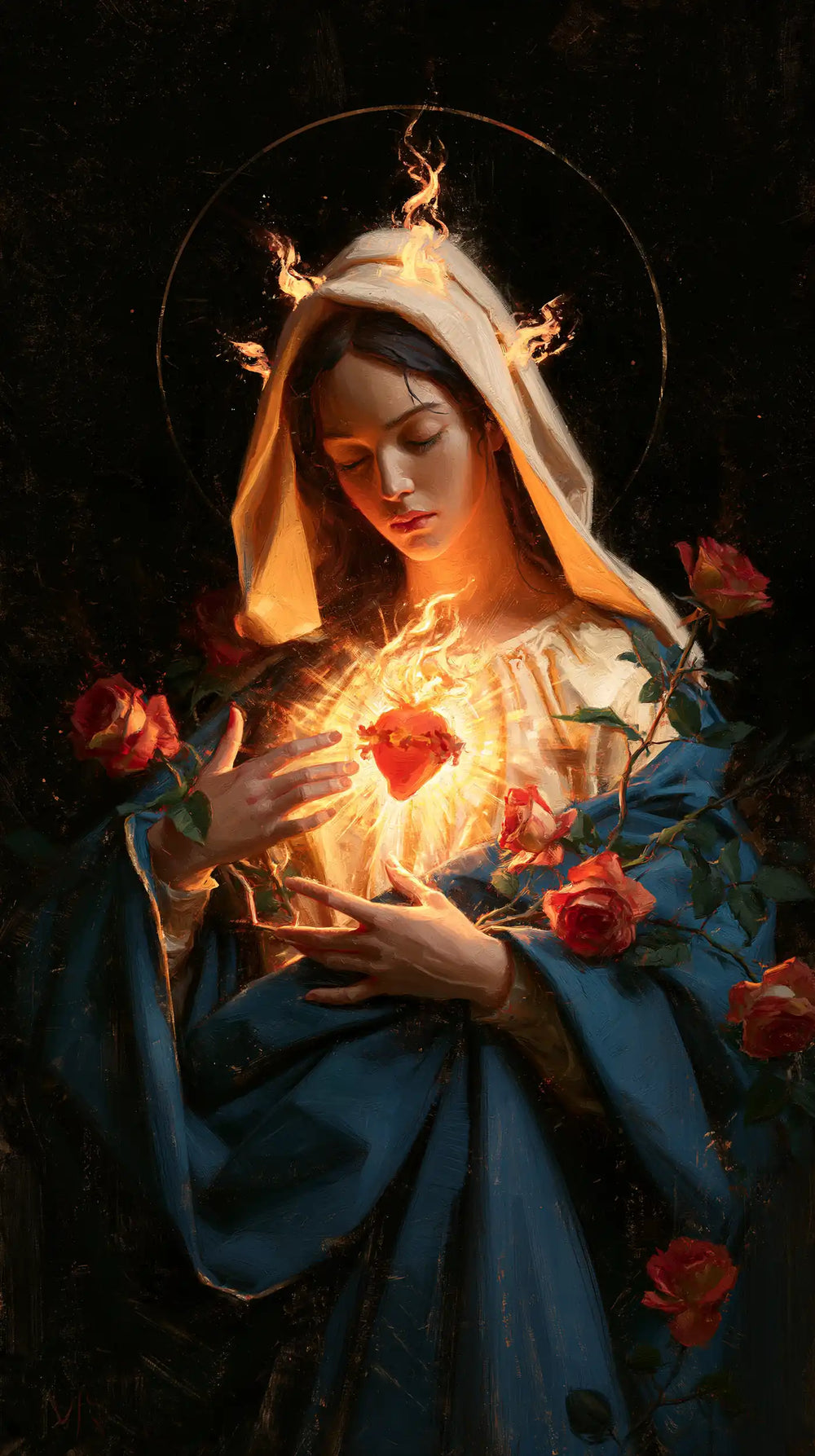 Mary and her Immaculate Heart surrounded by divine light in Mary as Divine Light style, portrait Christian artwork no. 6