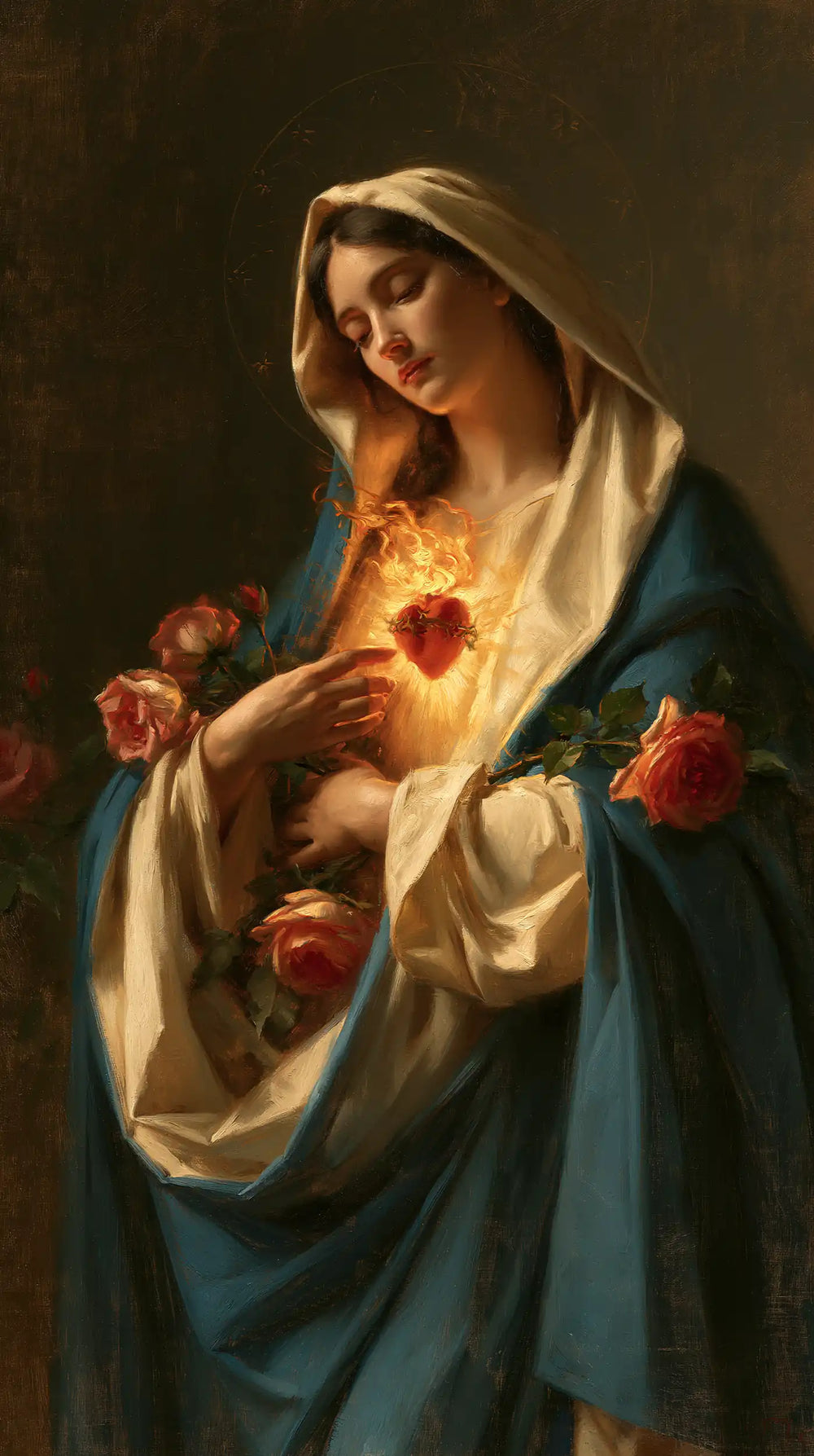 Mary and her Immaculate Heart surrounded by divine light in Mary as Divine Light style, portrait Christian artwork no. 8