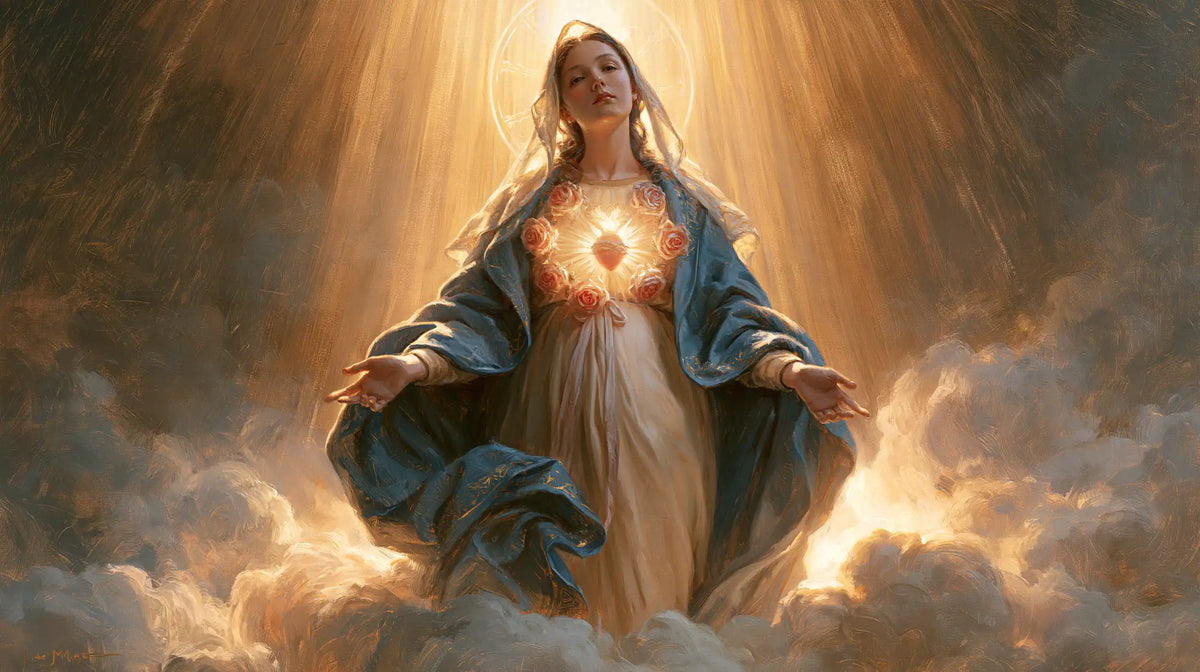 Mary upon the clouds with her Immaculate Heart in Mary upon the Clouds with the Immaculate Heart style, landscape Christian artwork no. 8