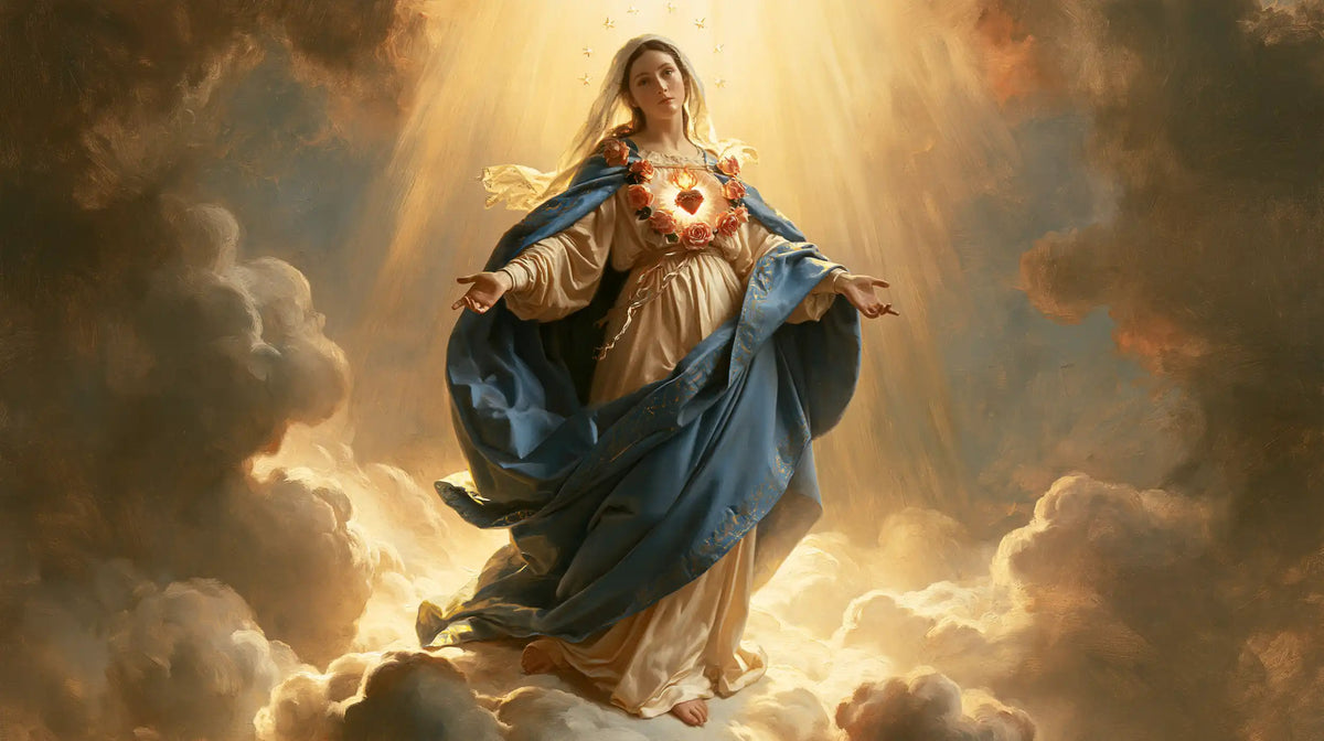 Mary upon the clouds with her Immaculate Heart in Mary upon the Clouds with the Immaculate Heart style, landscape Christian artwork no. 9