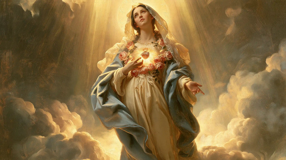 Mary upon the clouds with her Immaculate Heart in Mary upon the Clouds with the Immaculate Heart style, landscape Christian artwork no. 10