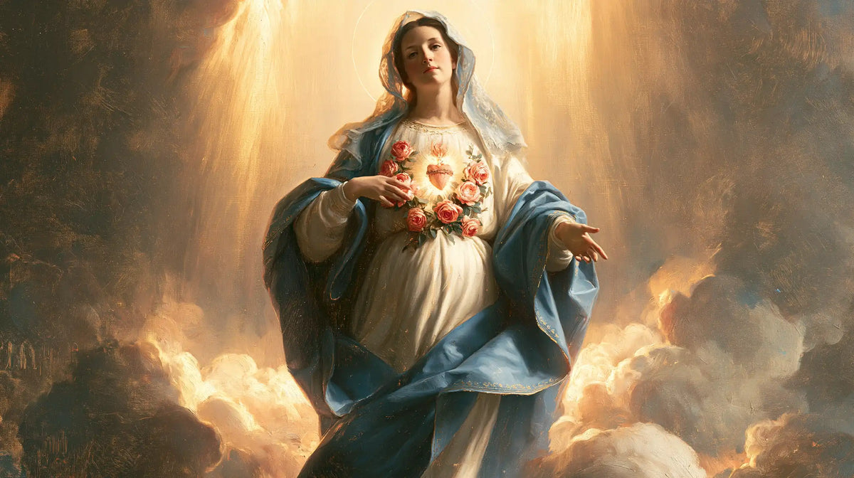 Mary upon the clouds with her Immaculate Heart in Mary upon the Clouds with the Immaculate Heart style, landscape Christian artwork no. 14