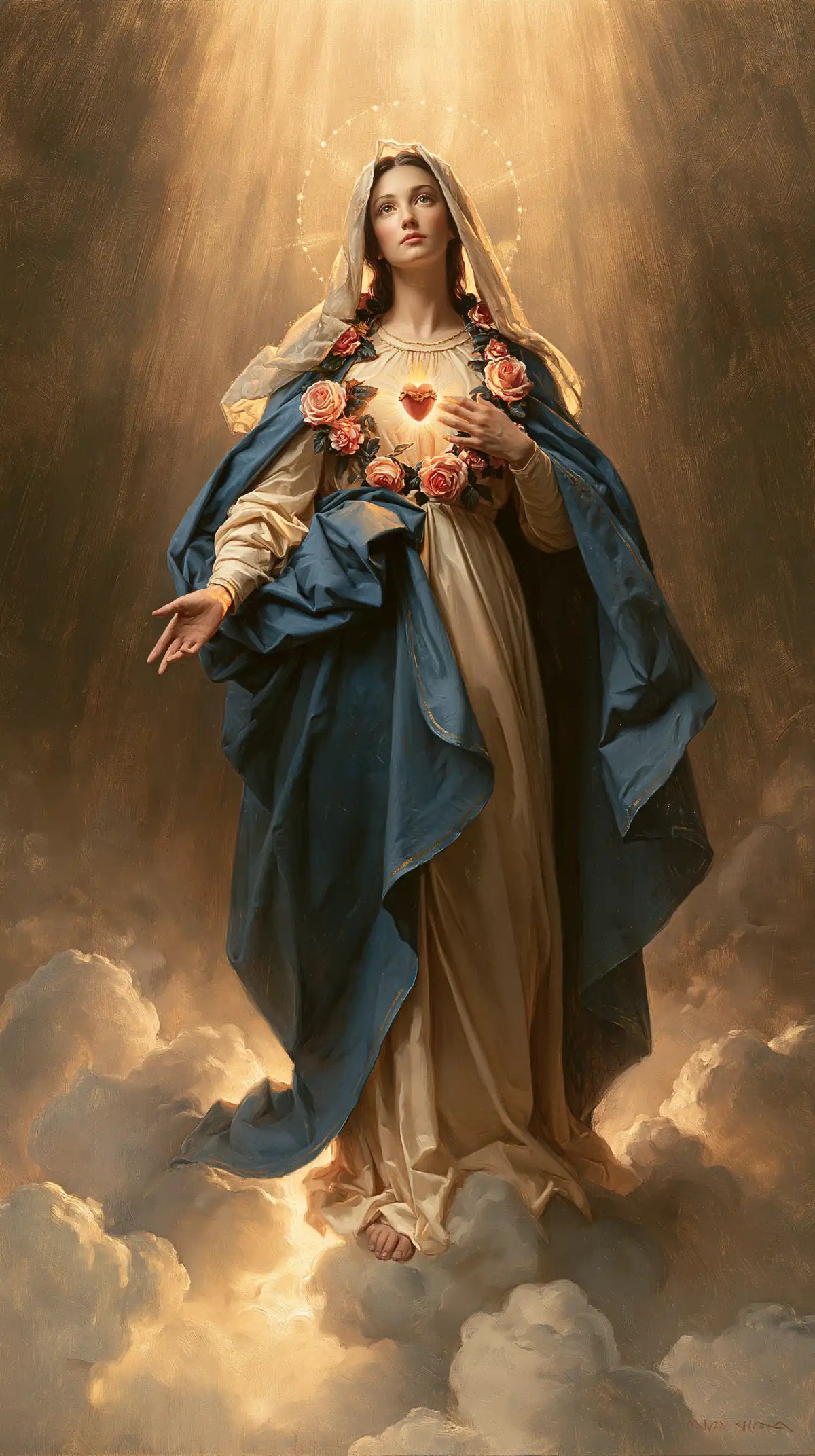 Mary upon the clouds with her Immaculate Heart in Mary upon the Clouds with the Immaculate Heart style, portrait Christian artwork no. 2