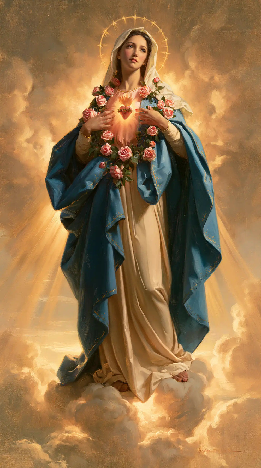Mary upon the clouds with her Immaculate Heart in Mary upon the Clouds with the Immaculate Heart style, portrait Christian artwork no. 5
